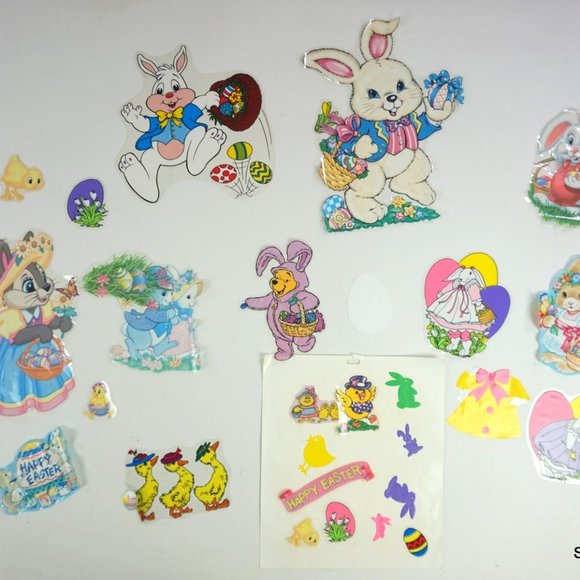 Vintage Easter Theme Window Clings Bunnies Decorations Reusable Lot 25+ - Picture 1 of 9